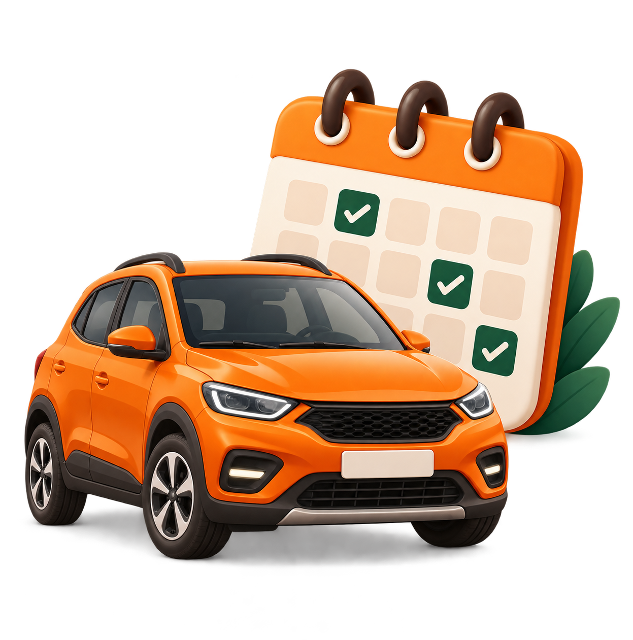 Carro laranja ao lado de um calendário de licenciamento